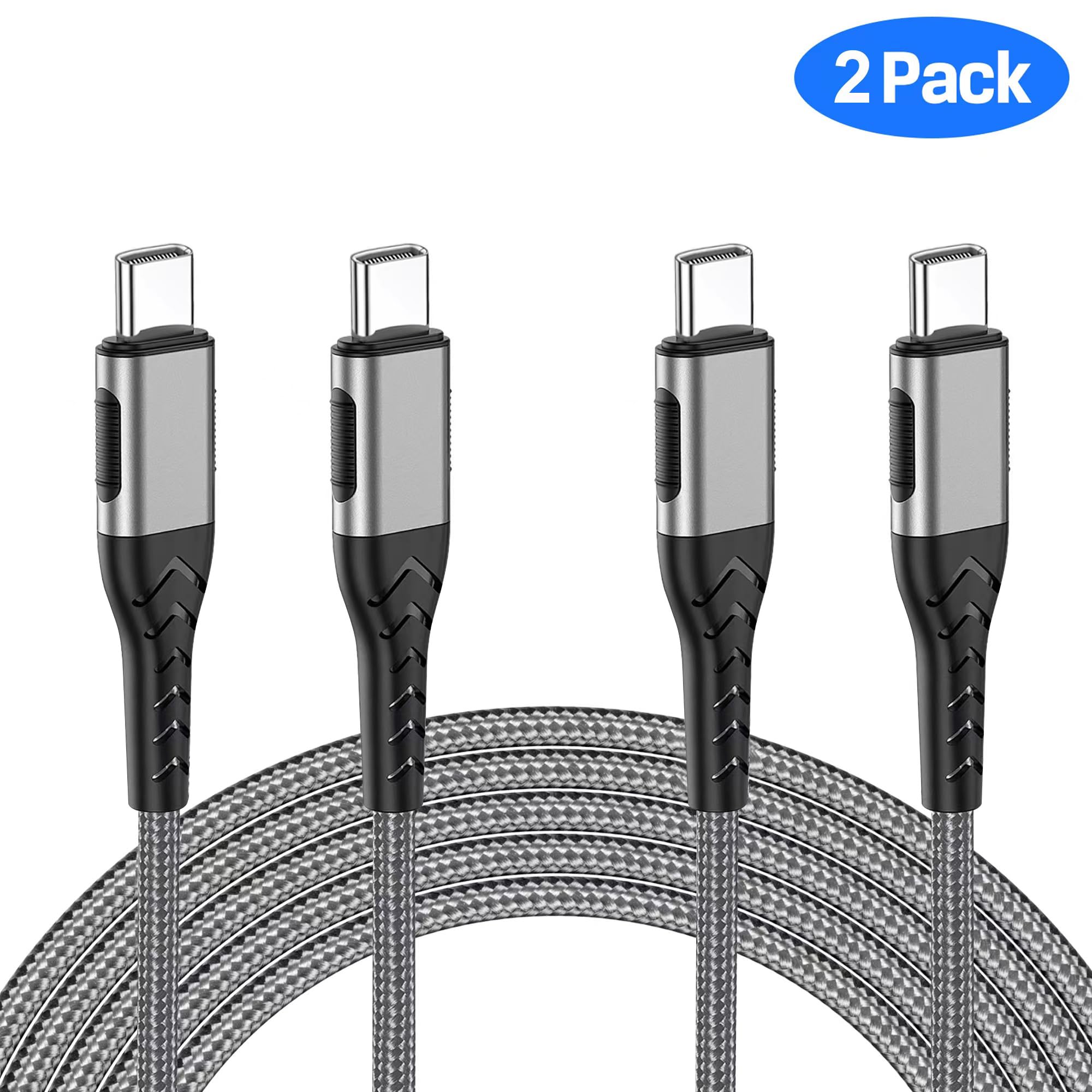 Durcord 2-pack 10ft USB-C charger cables, silver, for fast 100W charging of Android phones, tablets, and iPhone 15/16/17 models.