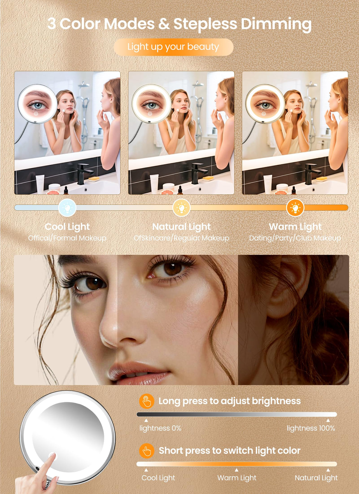 10x Makeup Mirror with Lights Flexible Magnifying Mirror 3 - Brightown Official Imagery - 3