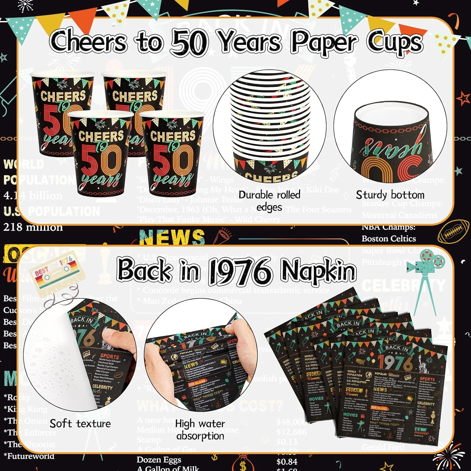 Vintage 50th birthday party tableware set by APUDWN with 150 pieces, including plates for serving 24 guests at celebrations.