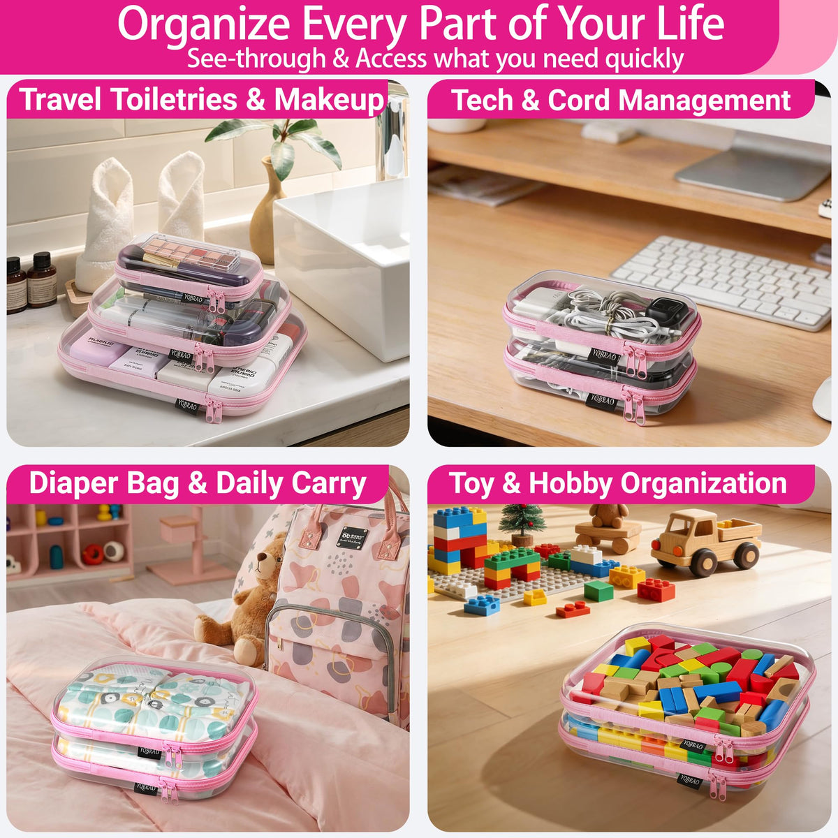 Clear Hard Shell Zipper Cases 6 Multi Size Organizers Pink - YQBRAO Official Imagery - 5