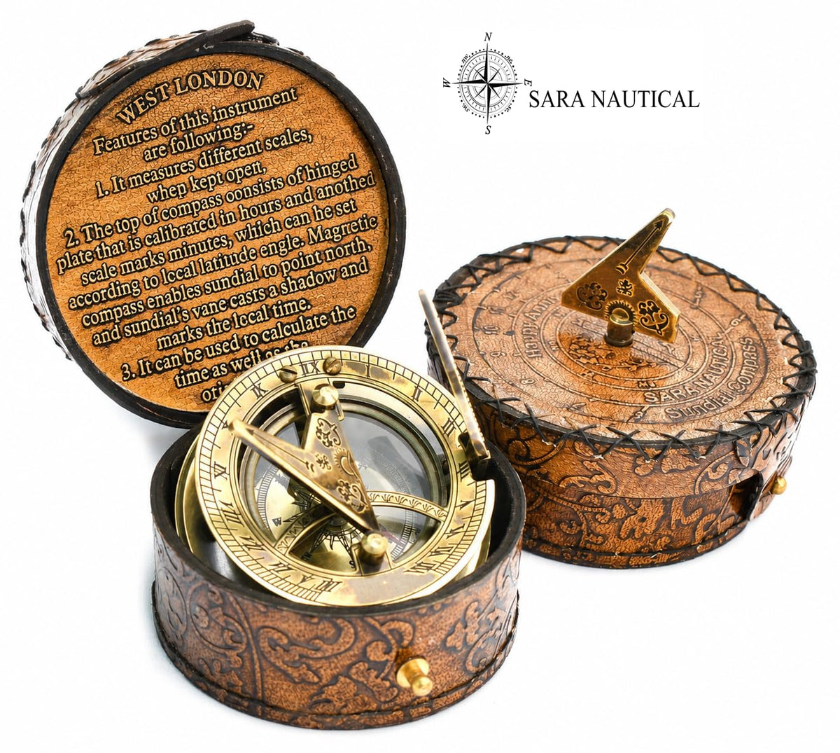 SARA NAUTICAL Antique Brass Sundial Compass Sundial Clock in - SARA NAUTICAL Official Imagery - 7