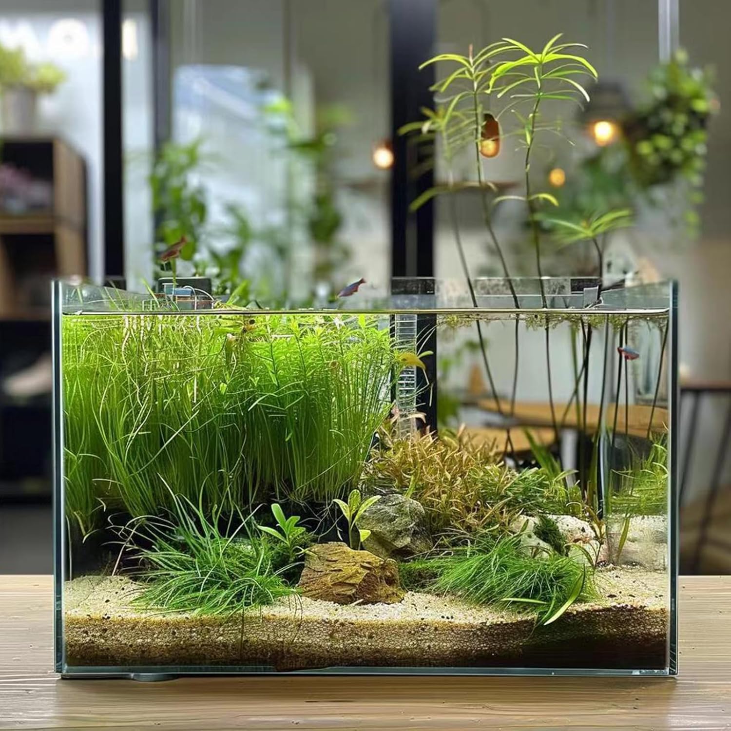 Vimvins 5-gallon glass fish tank with lid, suitable for bettas, goldfish, snails, shrimp, and aquatic plants.