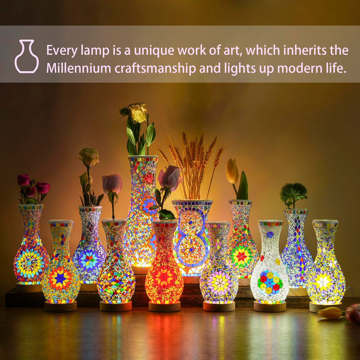 Mosaic Vase Lamp Turkish Table Lamp with Wood Base USB LED - JAITAIK Official Imagery - 7