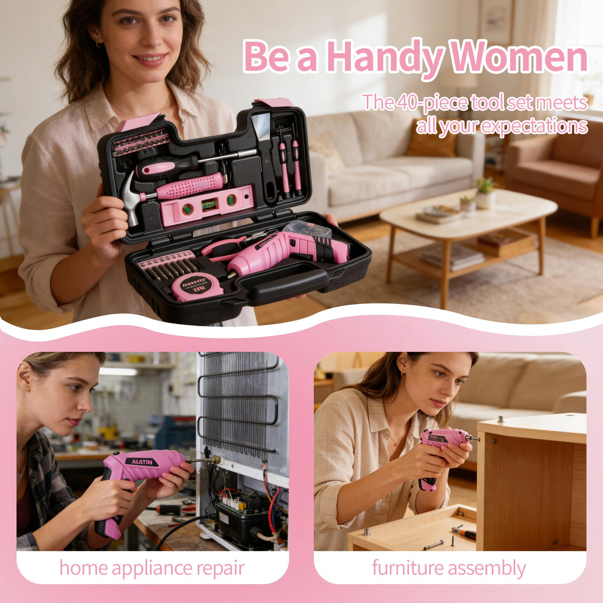 Electric Screwdriver Cordless 40Pcs Pink Tool Set - NIKI MOTORSPORTS Official Imagery - 7