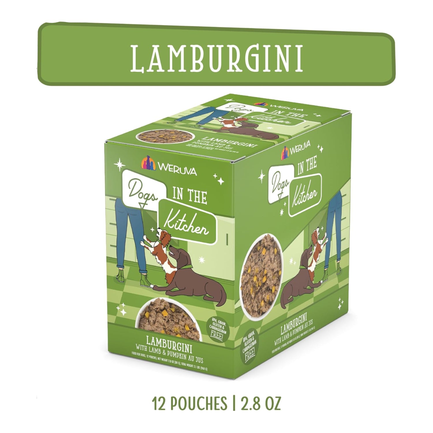 Weruva Dogs in The Kitchen Lamburgini dog food pouch featuring lamb and pumpkin au jus, 2.8oz, pack of 12, green packaging