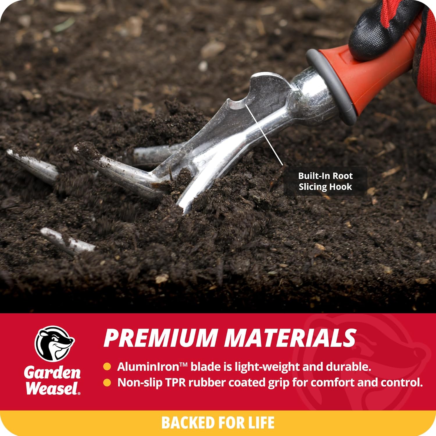 Garden Weasel 3-piece hand tool set with trowel, transplanter, and cultivator for gardening and planting tasks.