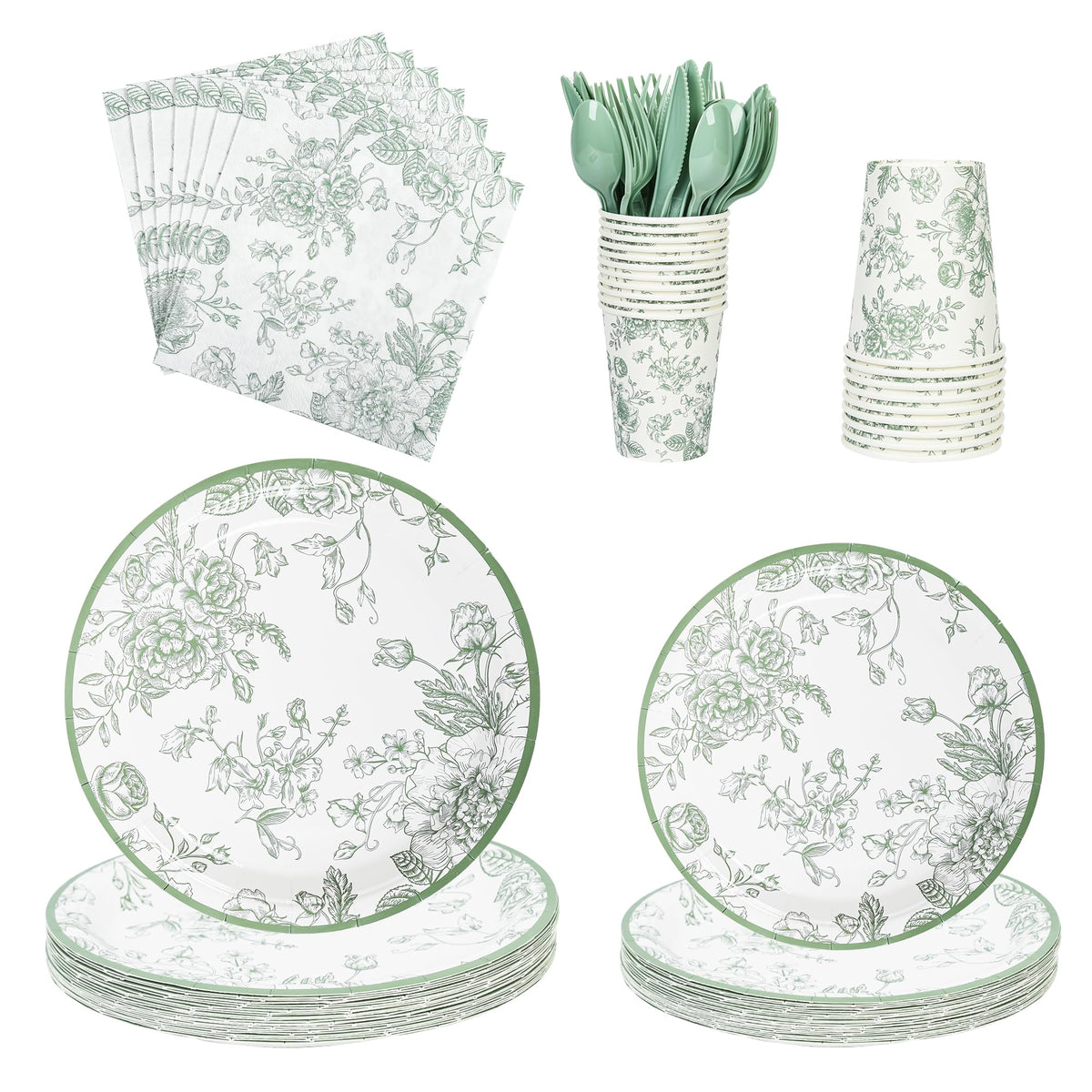 175Pcs Sage Green Floral Paper Plates and Napkins 25 Guests - Elyxio Official Imagery - 1