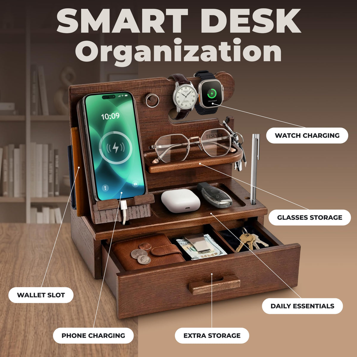TESLYAR Wood Phone Docking Station with Drawer - TESLYAR Official Imagery - 4