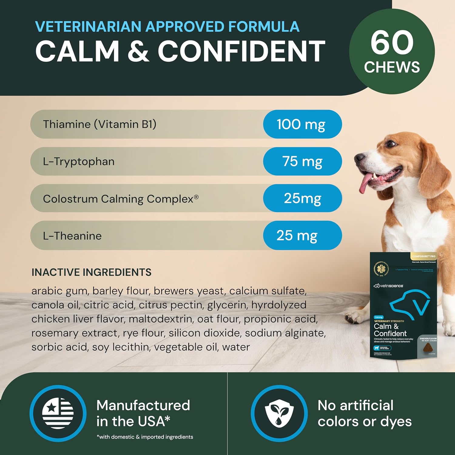 VETRISCIENCE Calm & Confident Chews for pets, showing a close-up of the chew treats in a package designed to reduce stress.