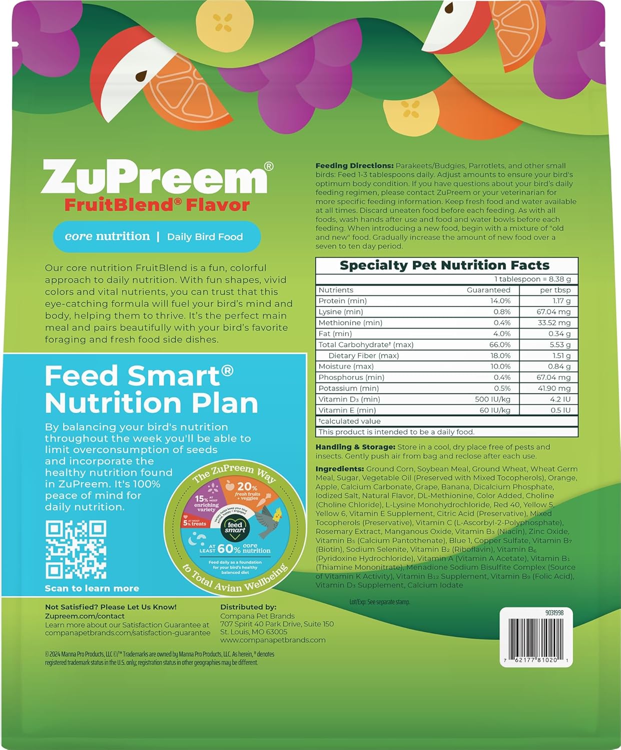ZuPreem FruitBlend bird pellets for parakeets, budgies, and parrotlets in a colorful bag with bird illustrations.