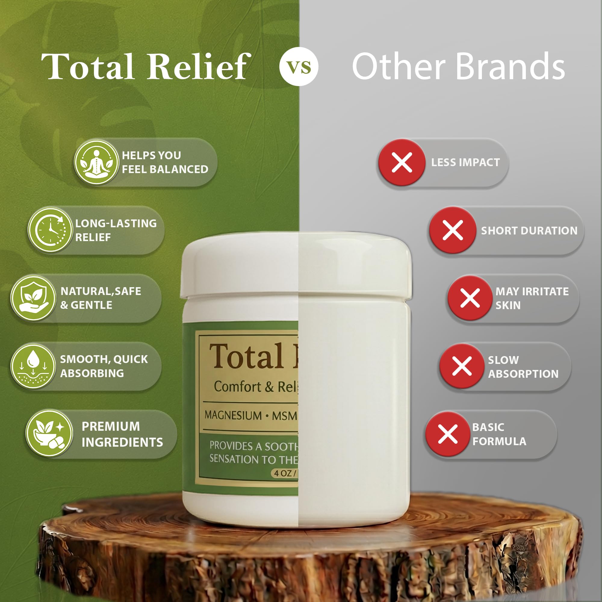HiRelief Magnesium Cream moisturizer for muscles, joints, and legs in a 4 oz jar, with a smooth, creamy texture shown in the image.