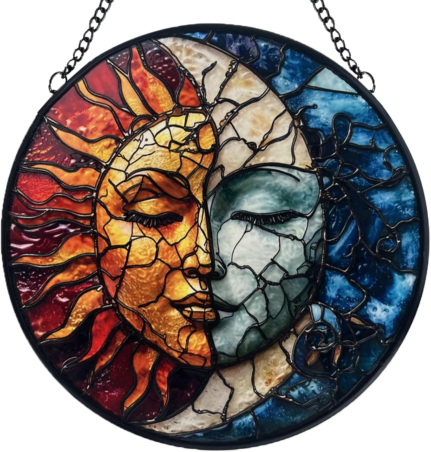 Colorful sun and moon stained glass suncatcher hanging decor with intricate design, ideal for window or wall display.