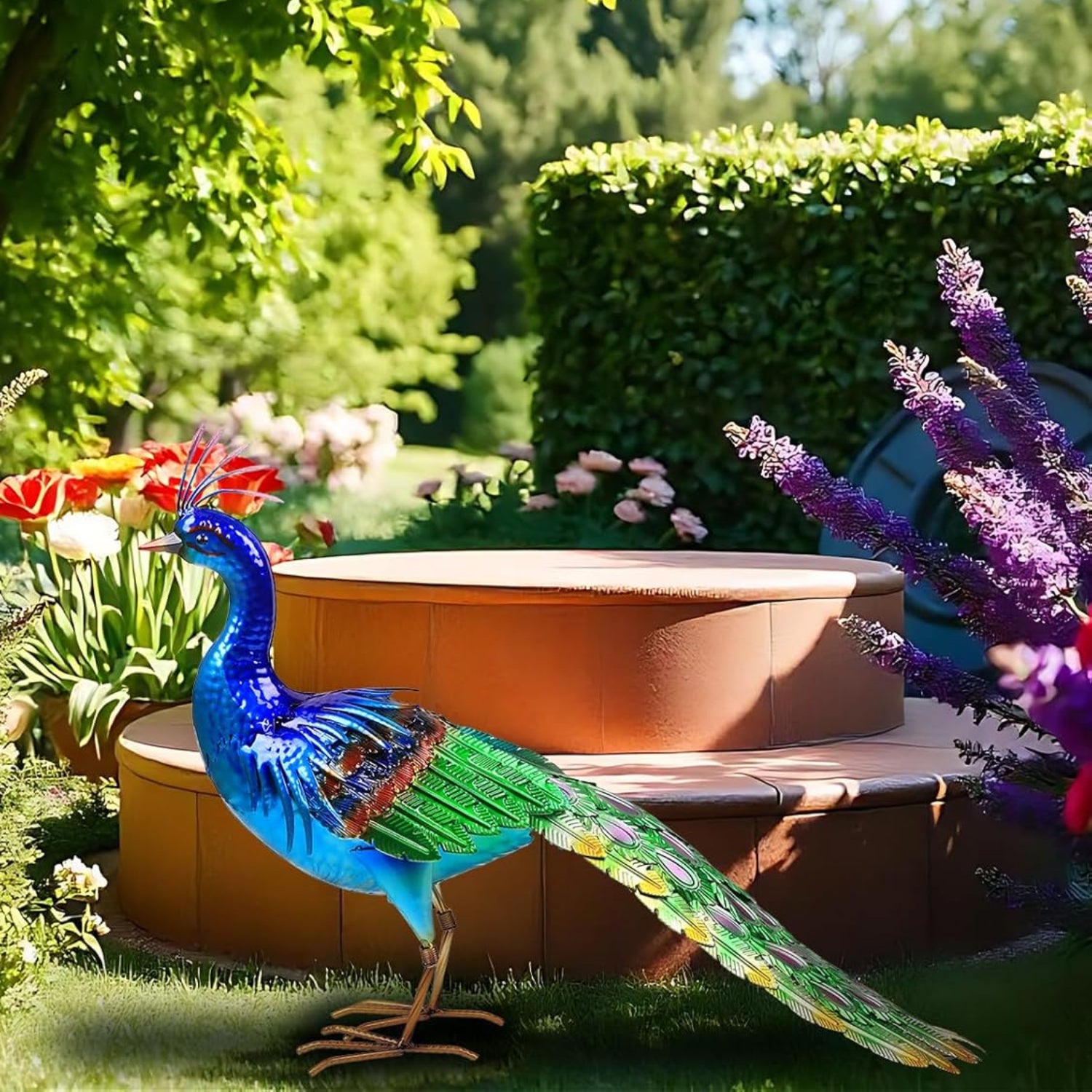 Large metal peacock garden statue by YEAHOME, 24.4 inches tall, outdoor decorative sculpture with intricate feather details.
