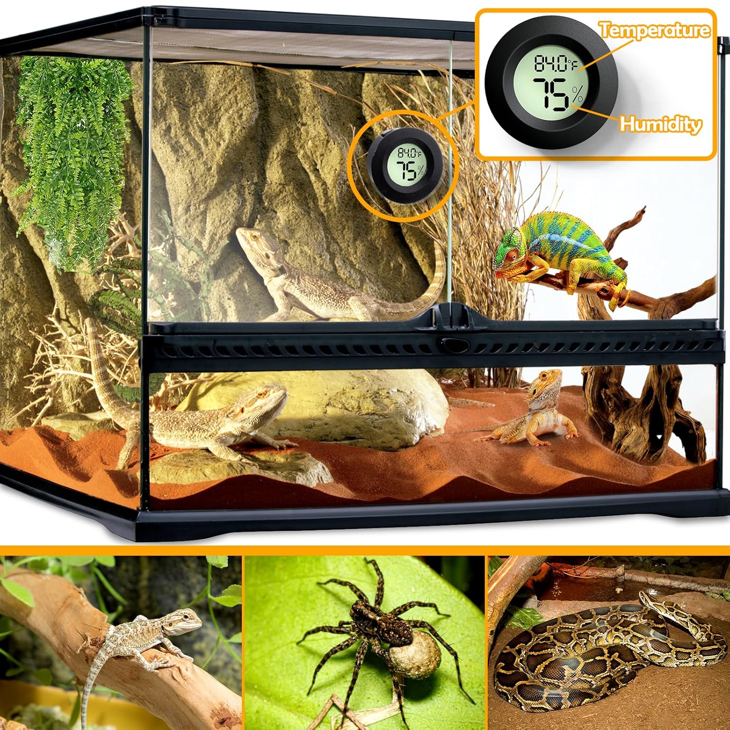 Pair of BSRESIN reptile thermometer and humidity gauge for reptile tank monitoring, showing temperature and humidity levels.
