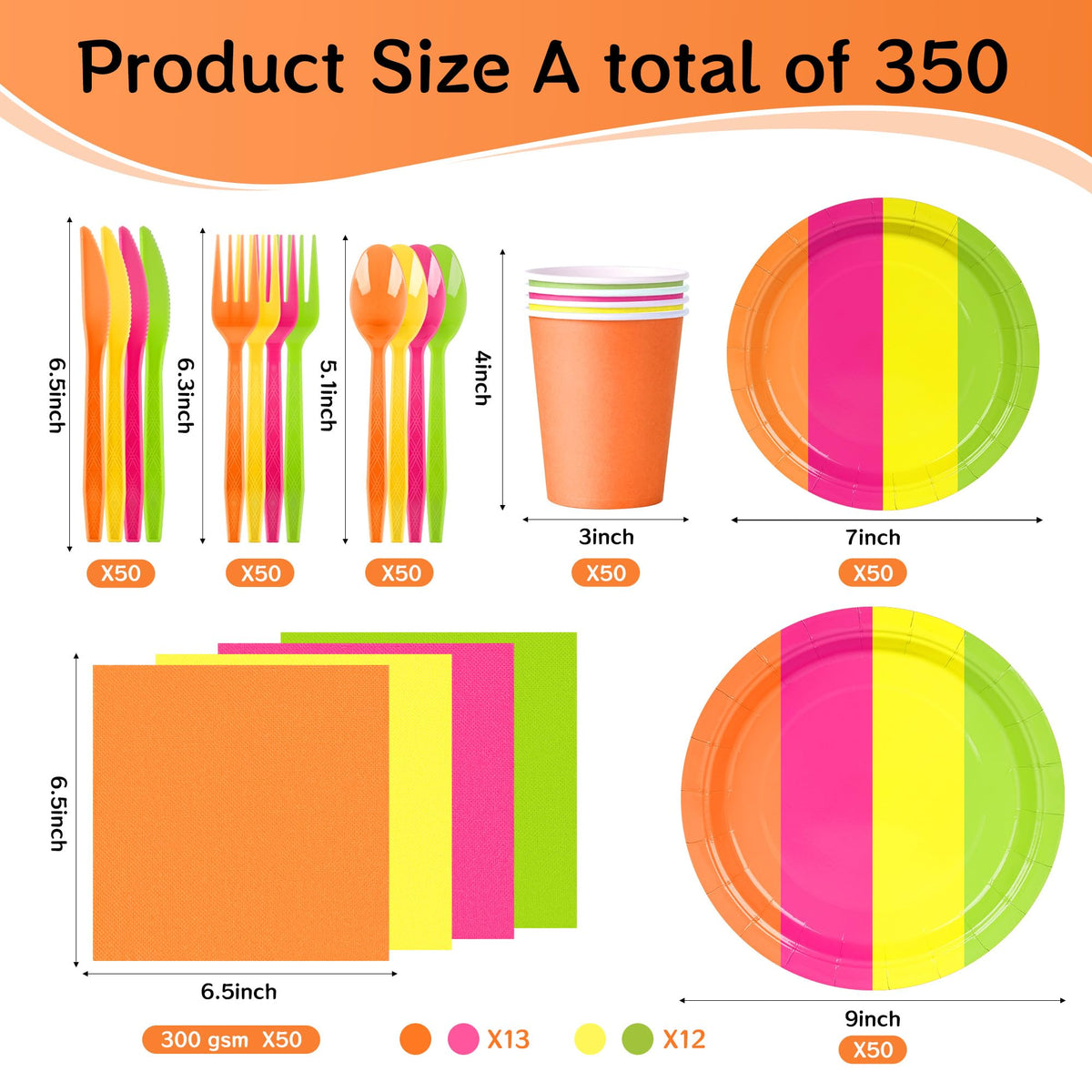 350 Pcs Neon Disposable Plates and Napkins Tableware Set for - COSINIA Official Imagery - 3