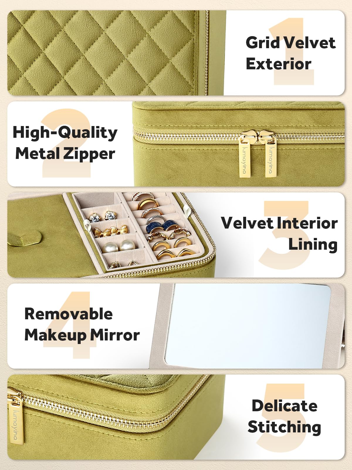 Velvet Travel Jewelry Organizer Case with Large Mirror for - Lumayina Official Imagery - 6