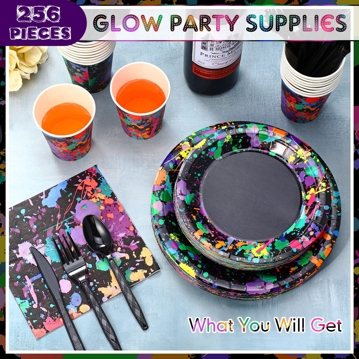 Baderke 252 Pcs Neon Party Supplies Neon Plates Tableware - Baderke Official Imagery - 6