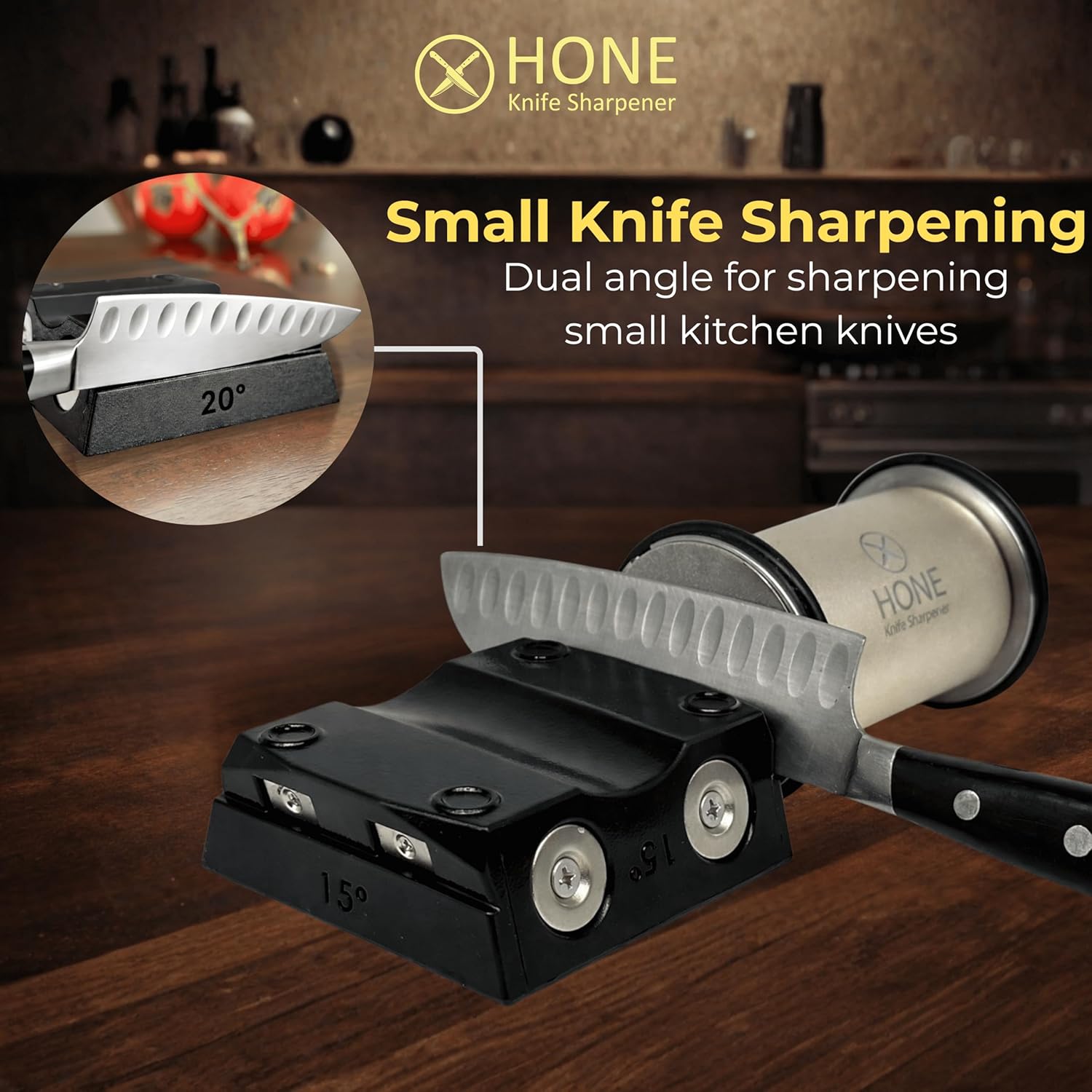 HONE Knife Sharpener, Canadian-engineered kitchen rolling knife sharpener with ball bearings for precise blade sharpening.