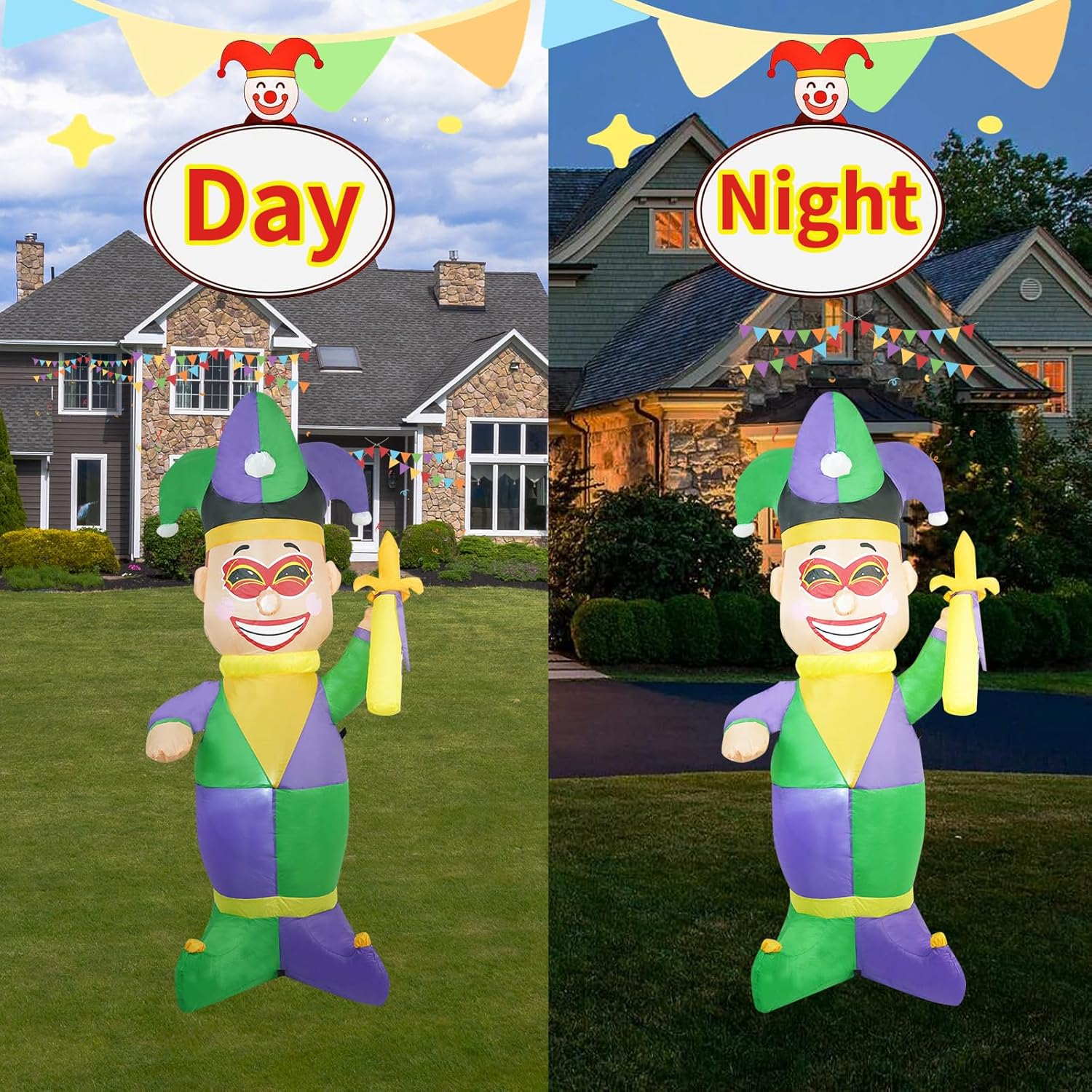Large 5-foot clown inflatable decoration by SHDEJTG, Mardi Gras themed, featuring colorful details and festive design.