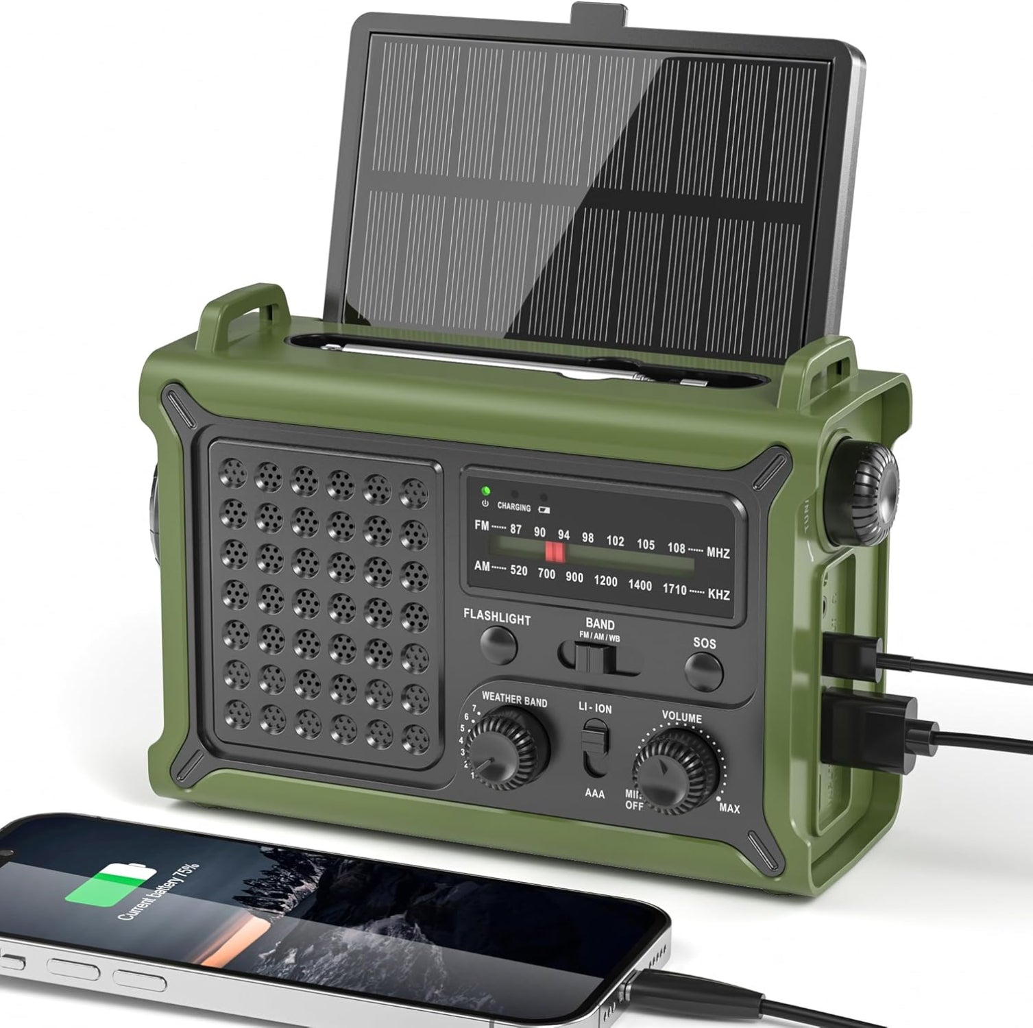 Mesqool solar radio emergency hand crank with 12000mAh battery, AM/FM NOAA tuner and clear signal display.