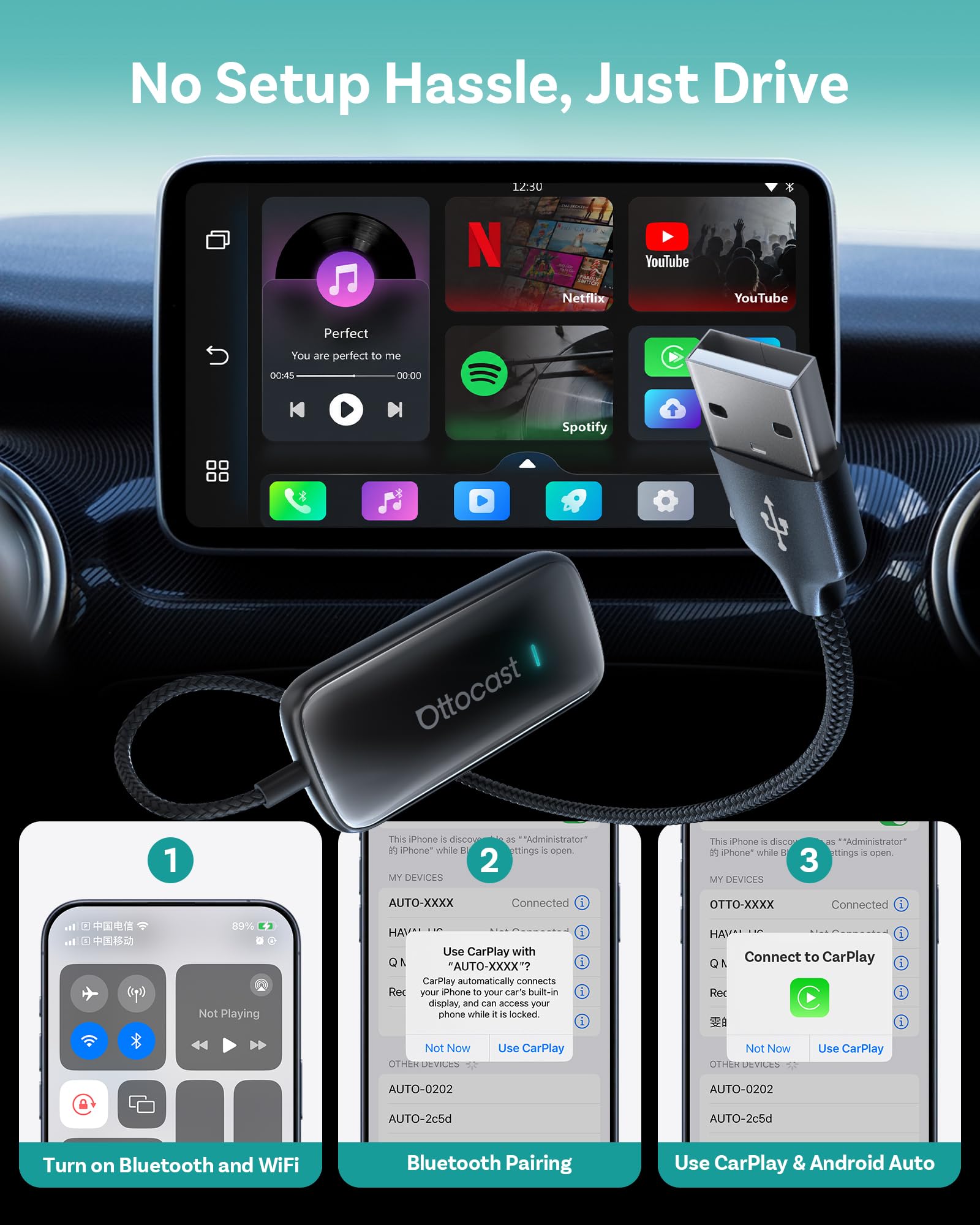 OTTOCAST Play2Video Ultra Wireless CarPlay Adapter AI Box 2026 by OTTOCAST - Angle View 5