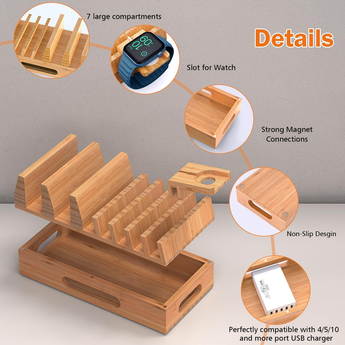 Bamboo Charging Station with 5 Port USB Charger 5 Cables - Pezin & Hulin Official Imagery - 5