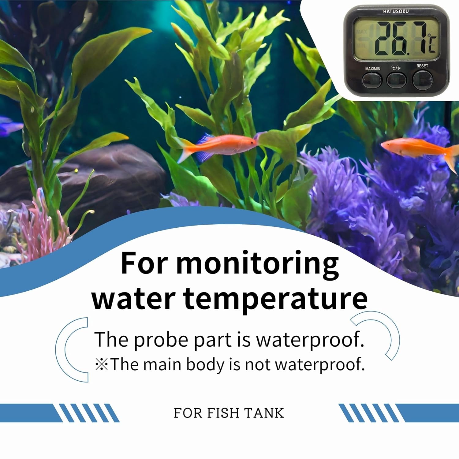 HATUSOKU digital thermometer with external sensor, magnet, suction cup, water temperature measurement device