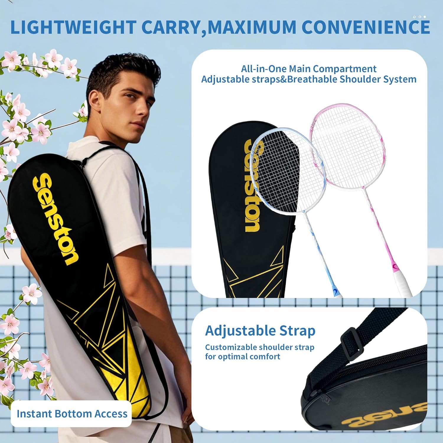 Senston 5U carbon fiber badminton racket set for two players, lightweight and durable for backyard games.