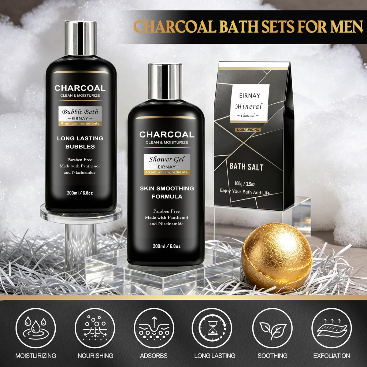 Spa Gifts for Men Charcoal Bath and Beard Grooming Kit - EIRNAY Official Imagery - 4