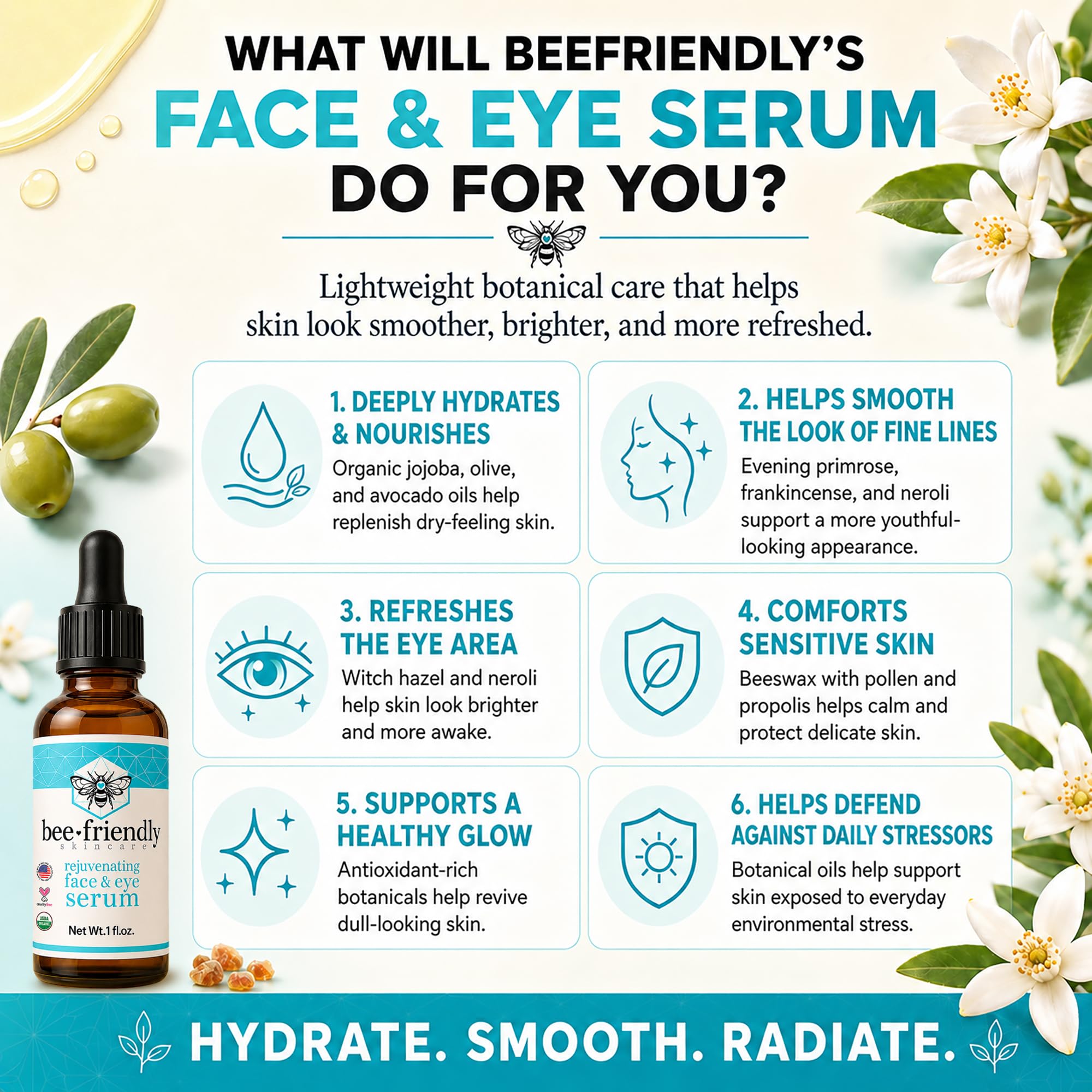 BeeFriendly® Organic Face & Eye Serum, Deep Hydration, Nourishes - BeeFriendly Official Product View 3