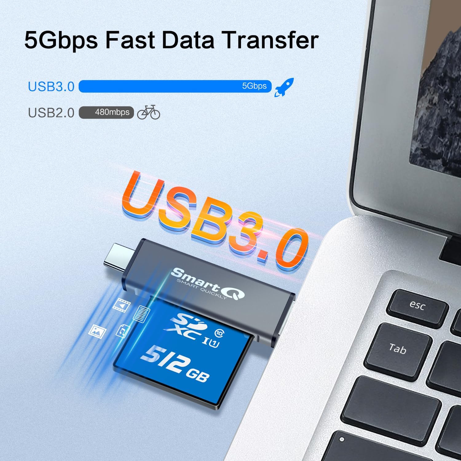 SmartQ C350 USB C SD card reader and USB 3.0 memory card adapter connected to a computer, showing multiple memory cards inserted.