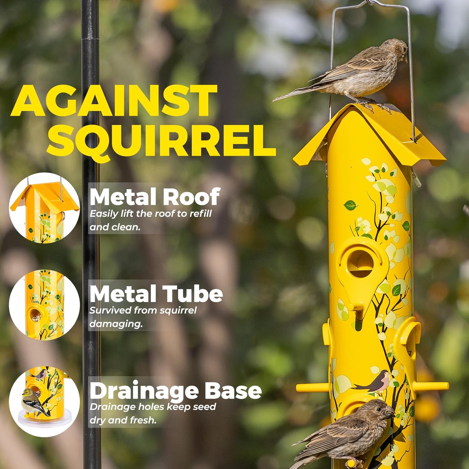 Kingsyard metal outdoor bird feeder with six ports, hanging tube design for attracting various garden birds.