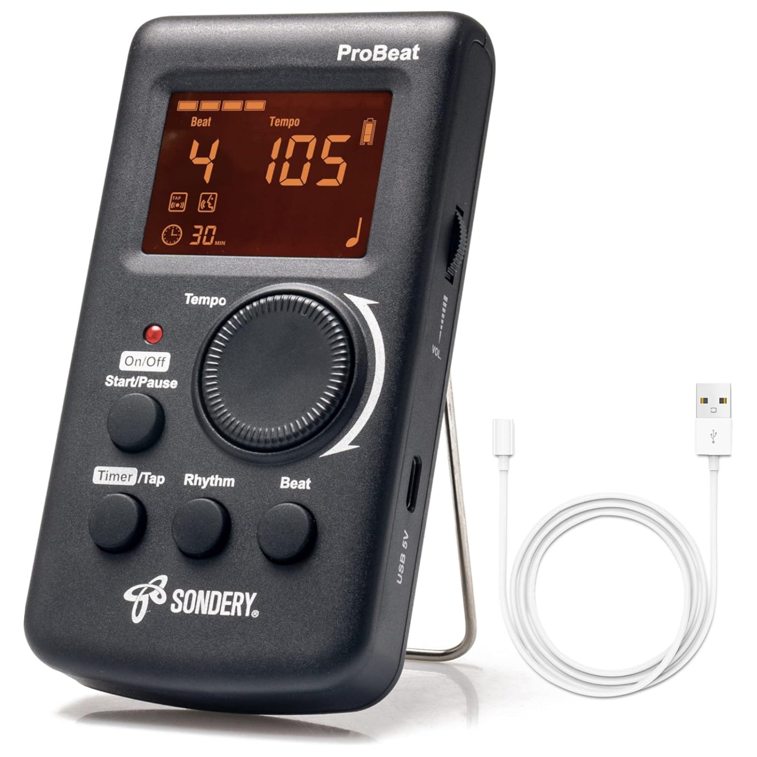Sondery digital metronome with rechargeable battery, English vocal counting, and timer display for musicians and practice sessions.