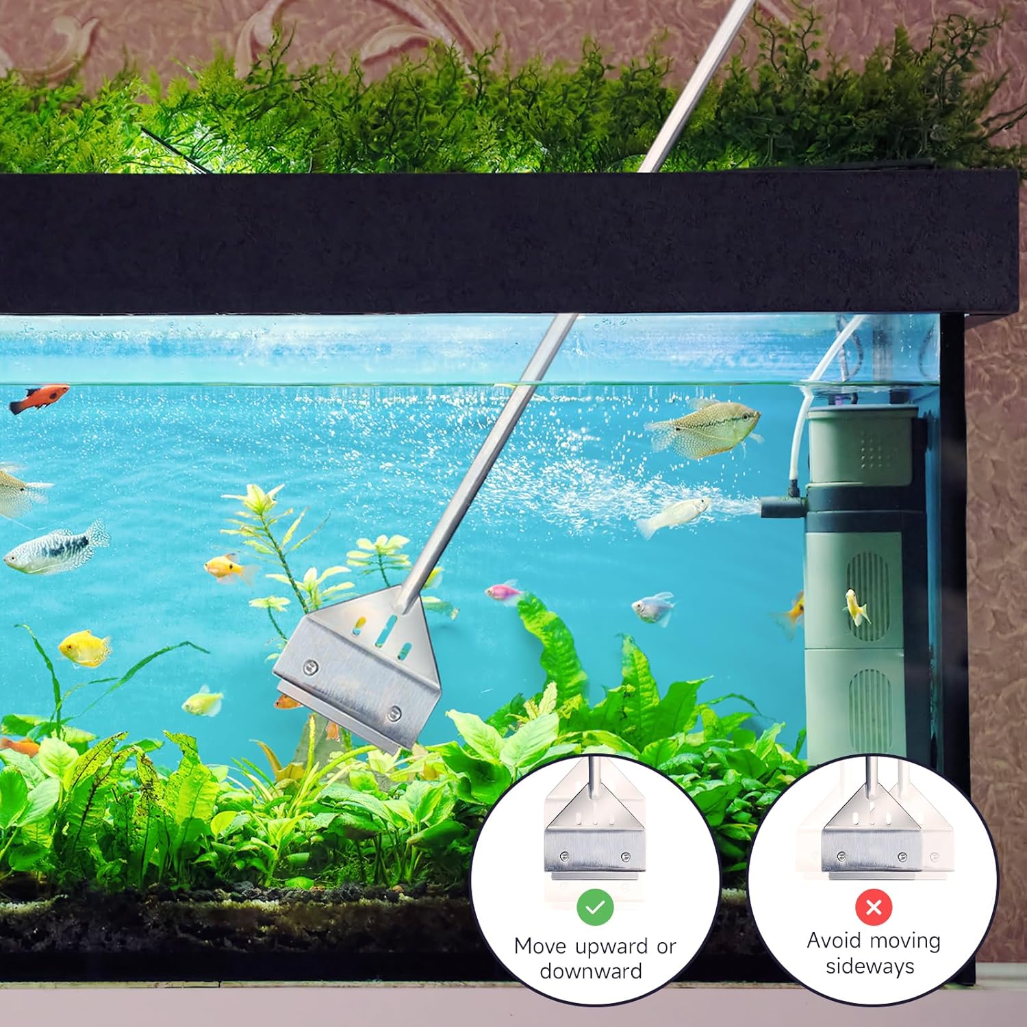 Kirecoo algae scraper for glass aquariums, 25.6-inch fish tank cleaner with a durable handle for removing algae from fish tanks.