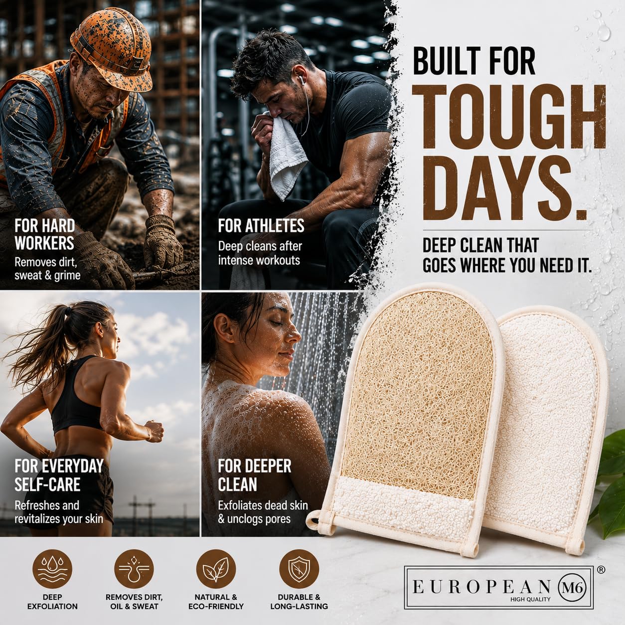 EUROPEAN M6 Egyptian Loofah Sponge, Large Double - Sided Exfoliating Mitt - EUROPEAN M6 Official Product View 3