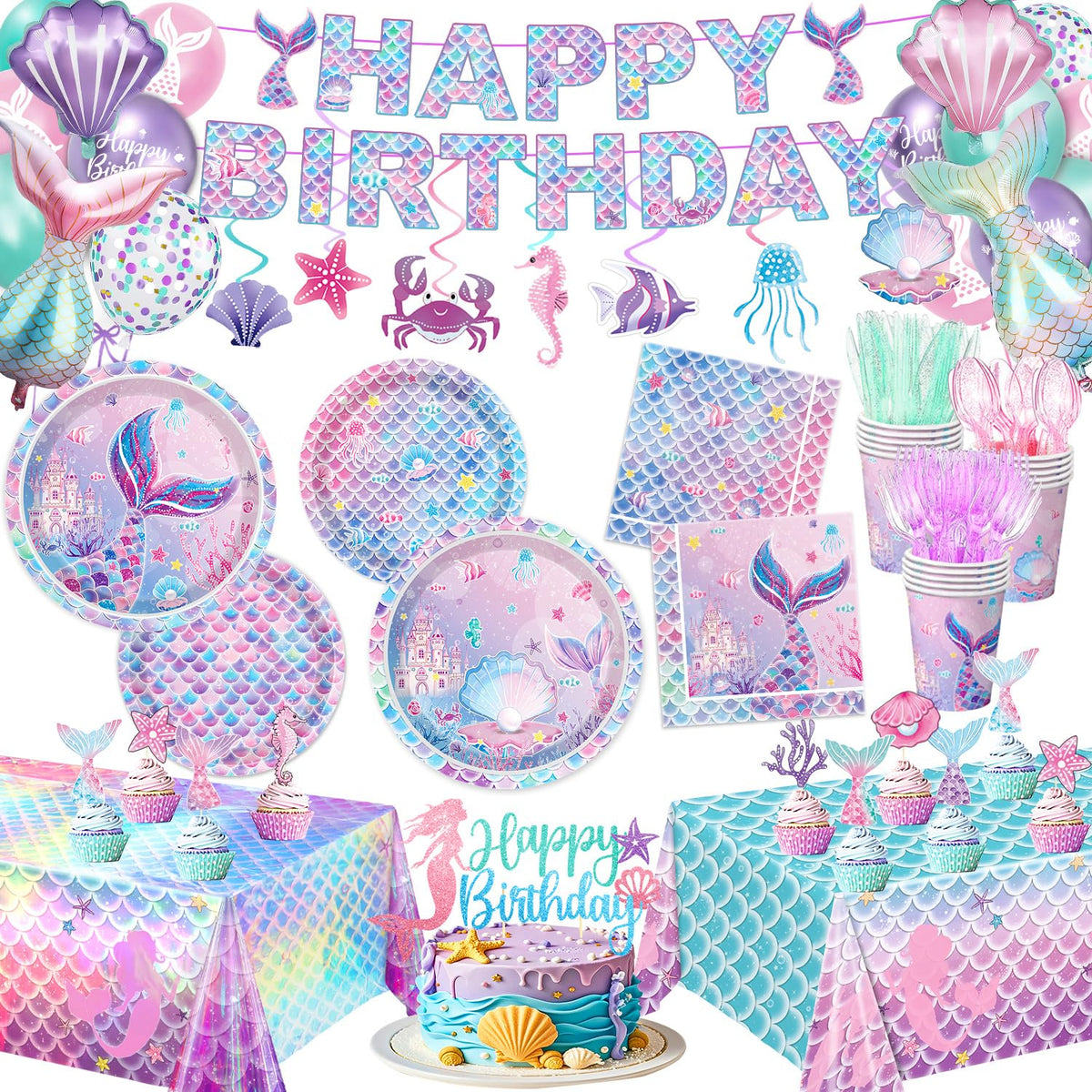 Mermaid Birthday Decorations Include Plates Napkins Cups - NKPDAXM Official Imagery - 1