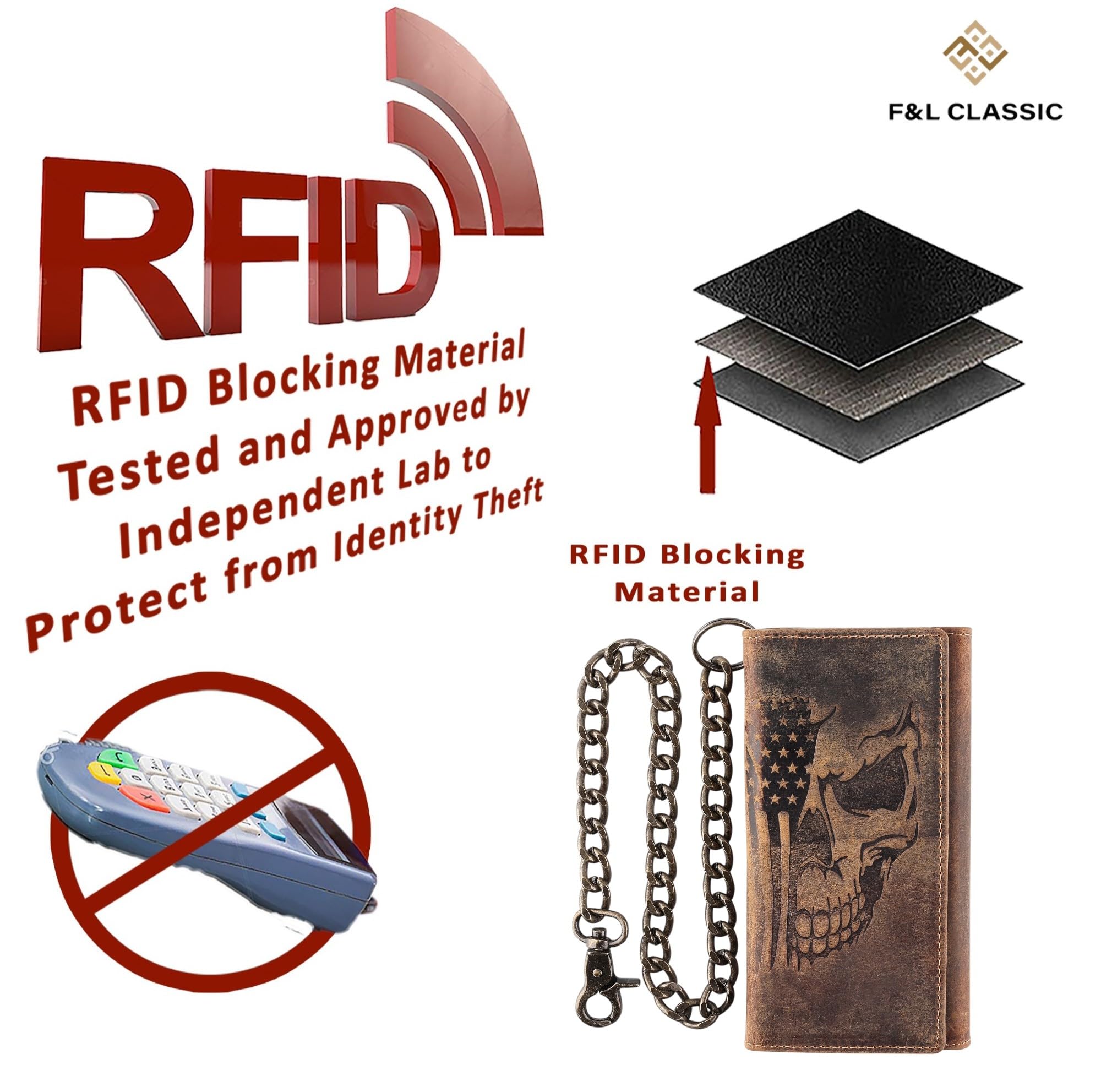 F&L CLASSIC RFID Blocking Mens Tri-fold Long Style Cowhide Leather Steel Chain Wallet,brown flag/skull,212-103