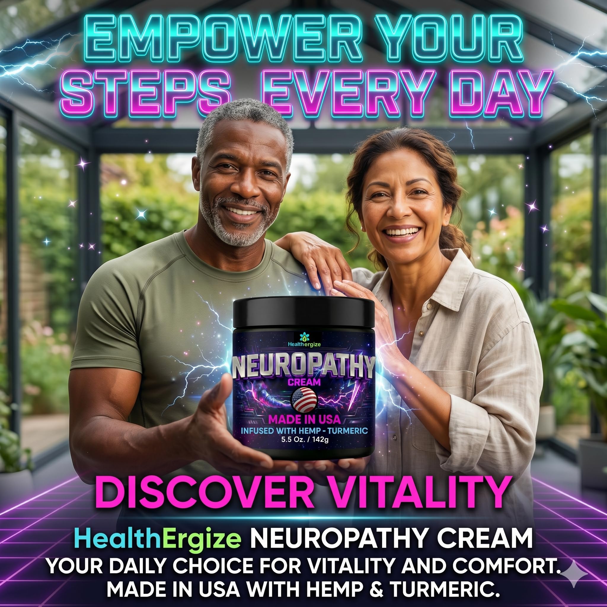Healthergize Neuropathy Nerve Cream with hemp and turmeric in a 5.5 oz container, showing the cream and herbal ingredients.