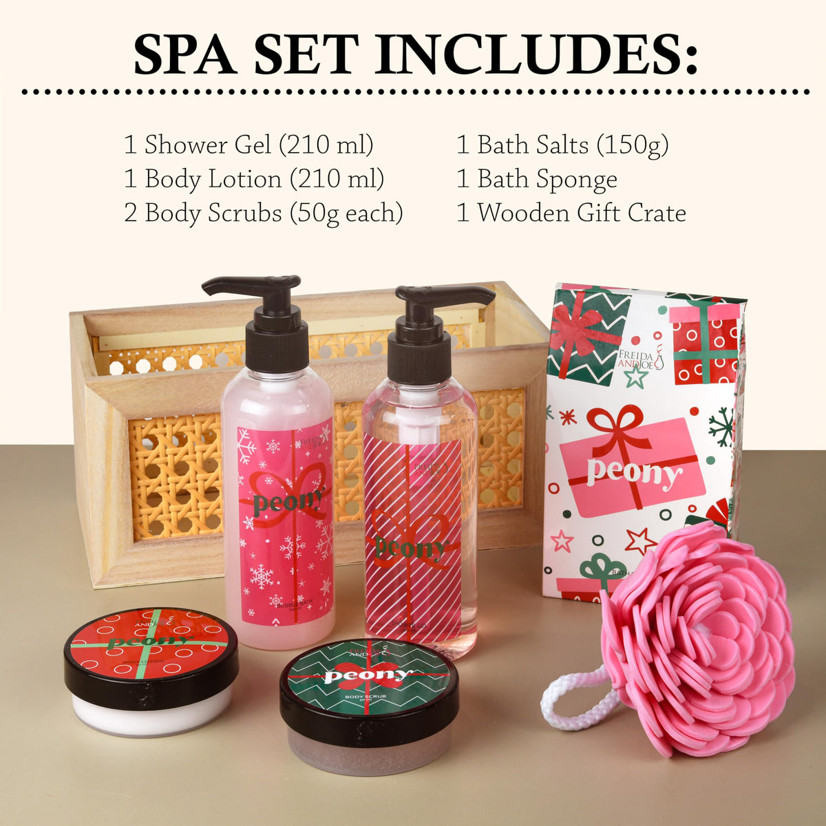 Freida Joe Peony Spa Gift Set 7 Piece Bath Body Gift Basket - Freida and Joe Official Imagery - 3