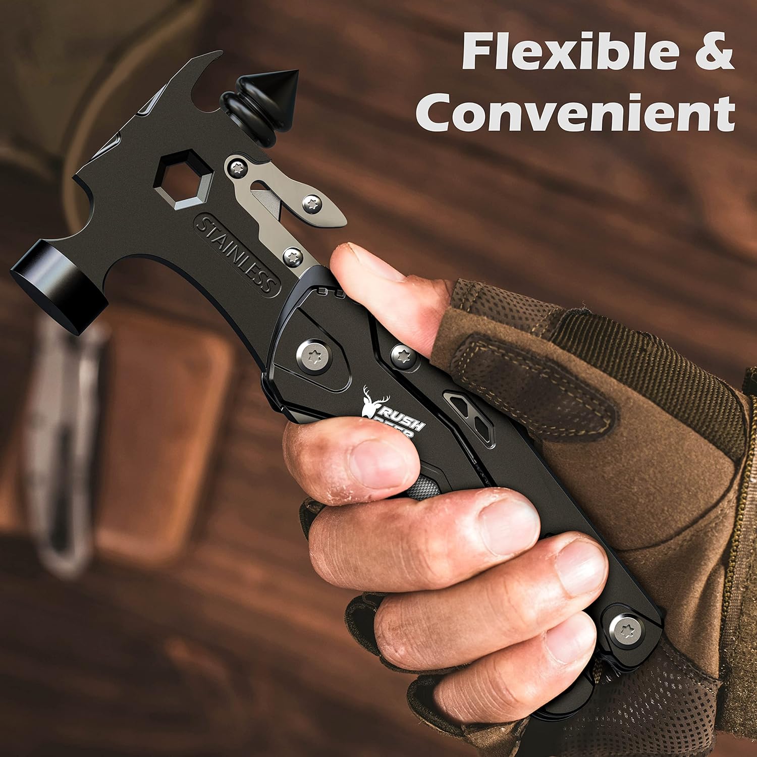 Rush Deer 16-in-1 camping multitool with various tools, compact design, ideal for outdoor activities and versatile use.