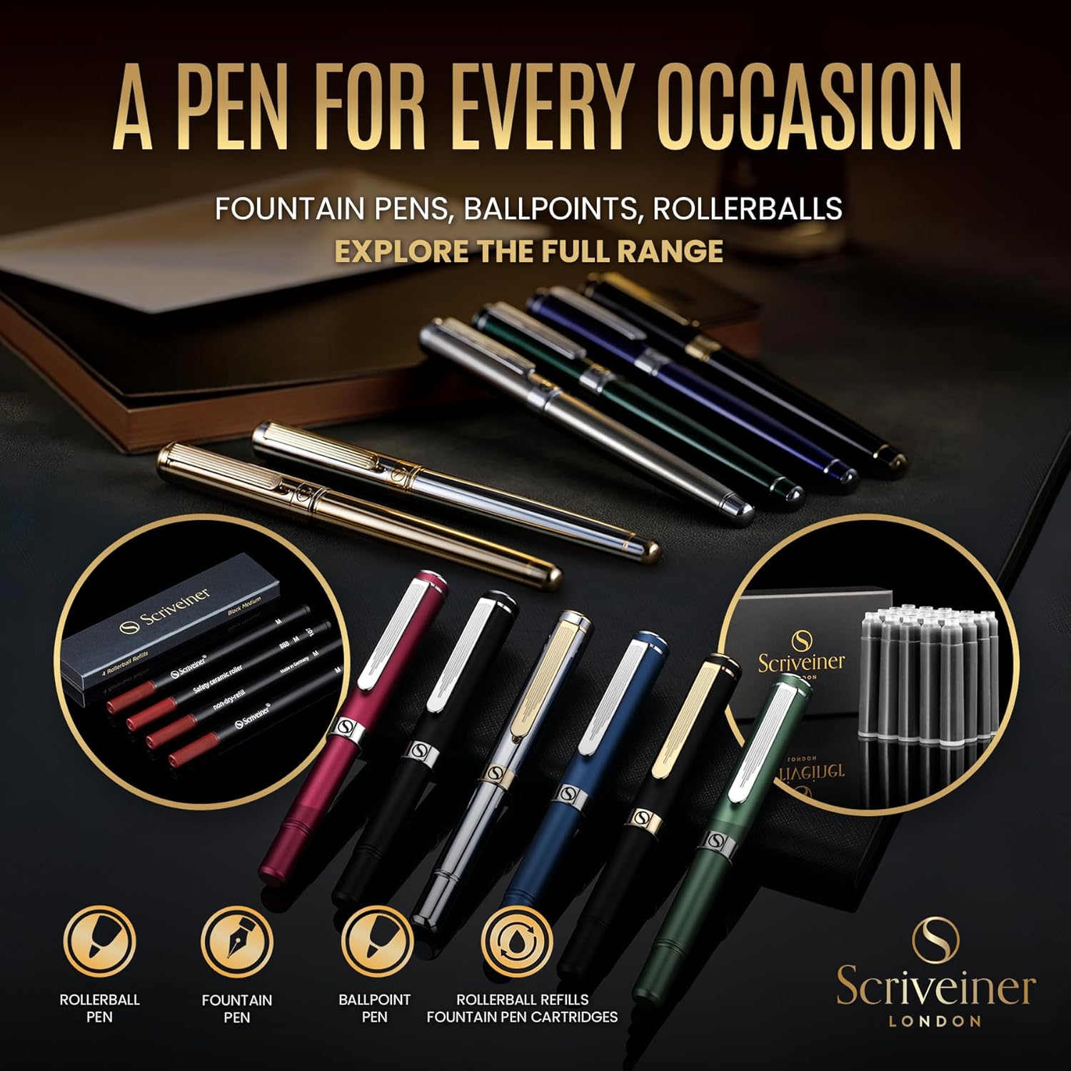 Scriveiner luxury gold-plated rollerball pen with a sleek design, award-winning pocket pen for writing elegance.