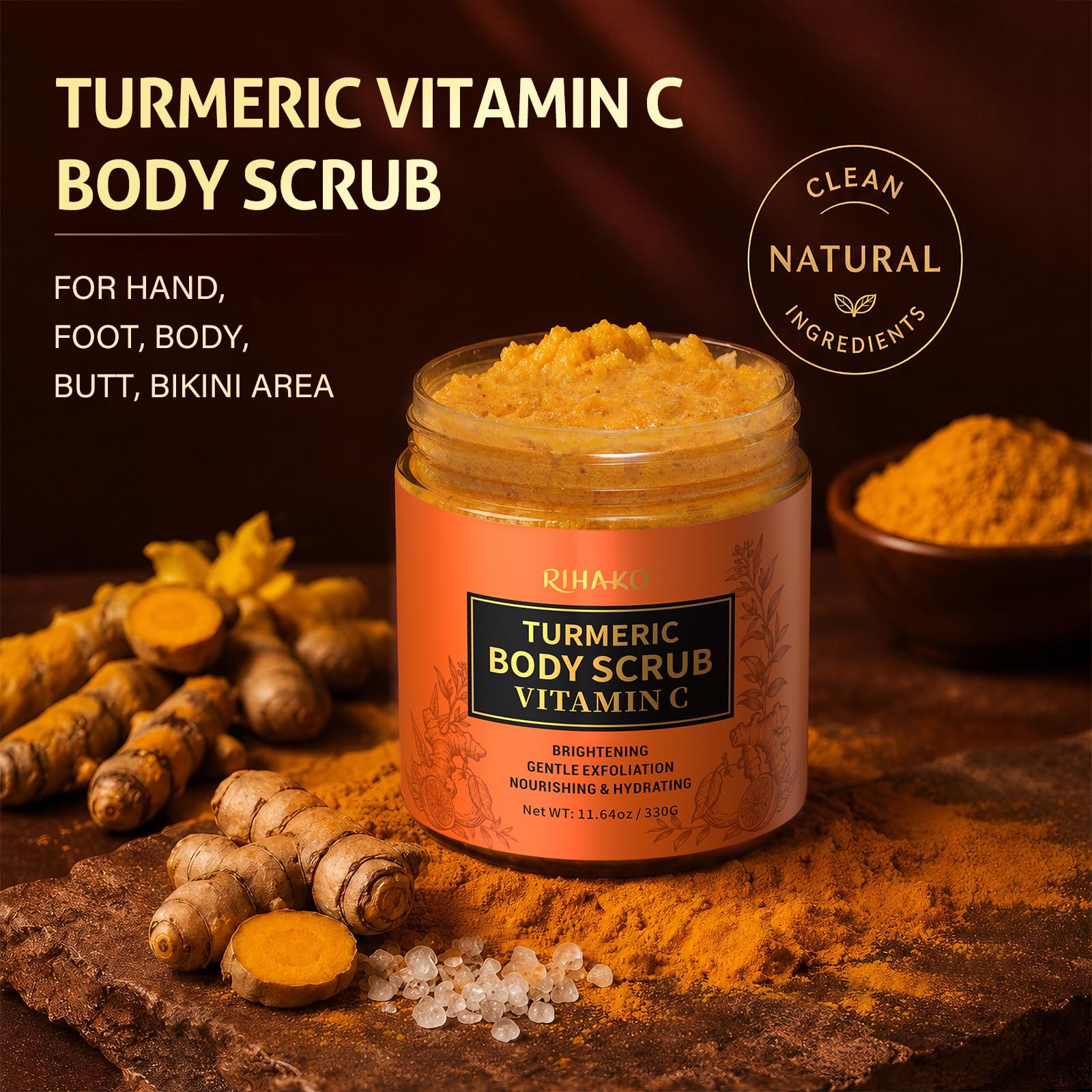 RIHAKO Turmeric Body Scrub, Exfoliating Body Scrub with Vitamin C, Deep - RIHAKO Official Product View 3