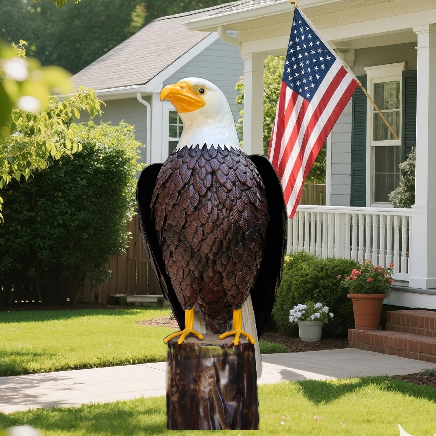Chisheen Bald Eagle outdoor metal yard art sculpture for garden lawn or patio, featuring detailed eagle design in metal.
