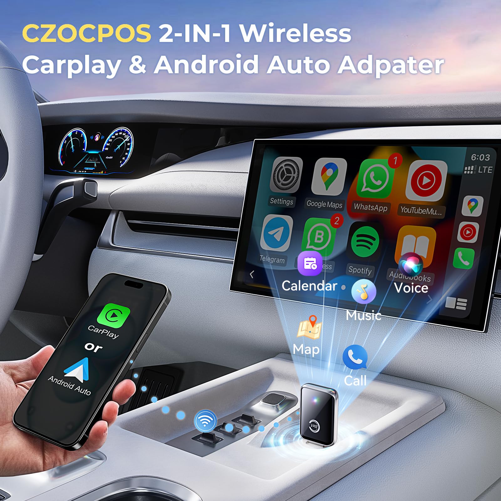 CZOCPOS Wireless Carplay Adapter for iPhone, 2 in 1 Plug and Play by CZOCPOS - Angle View 3