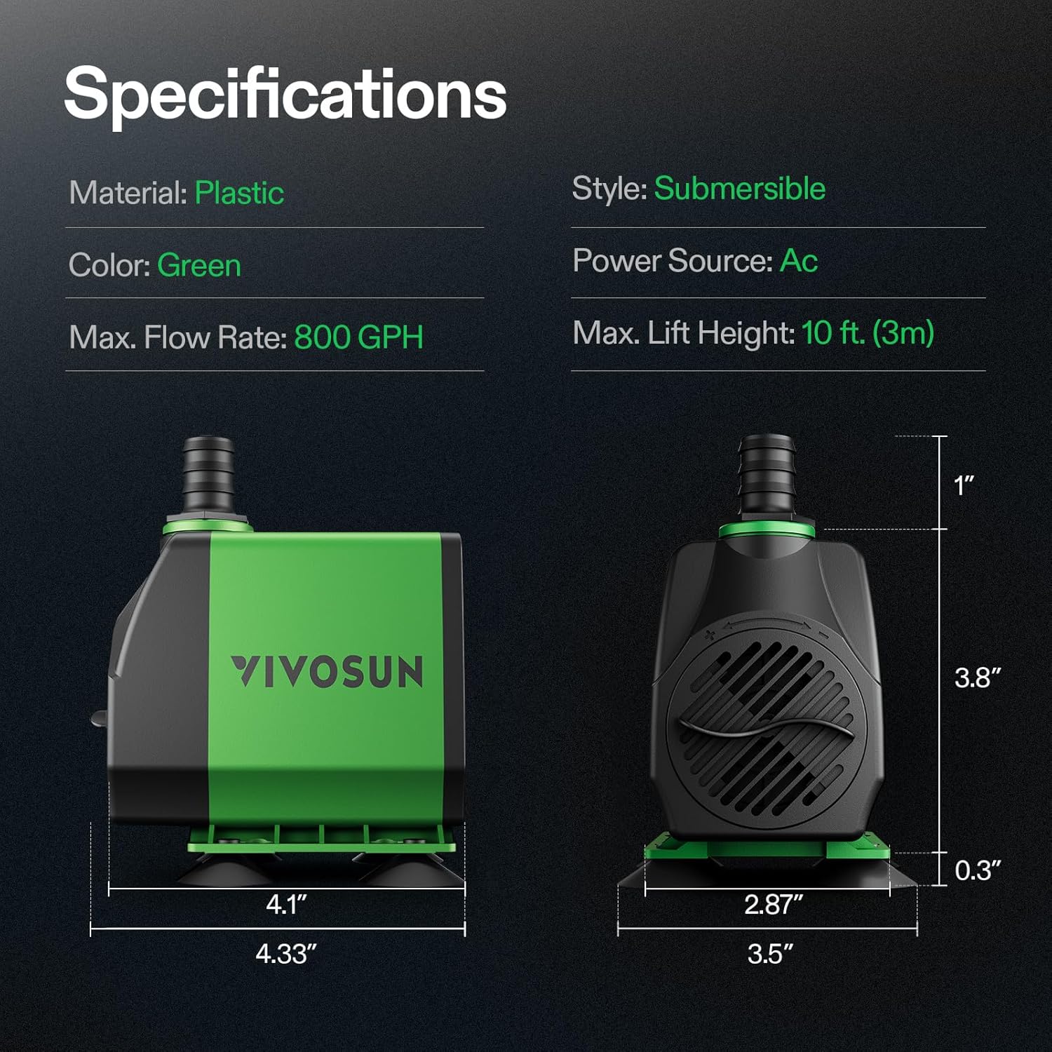 VIVOSUN 800GPH submersible water pump for fountains, 3000L/H flow rate, compact 24W ultra-quiet design, ideal for aquatic features