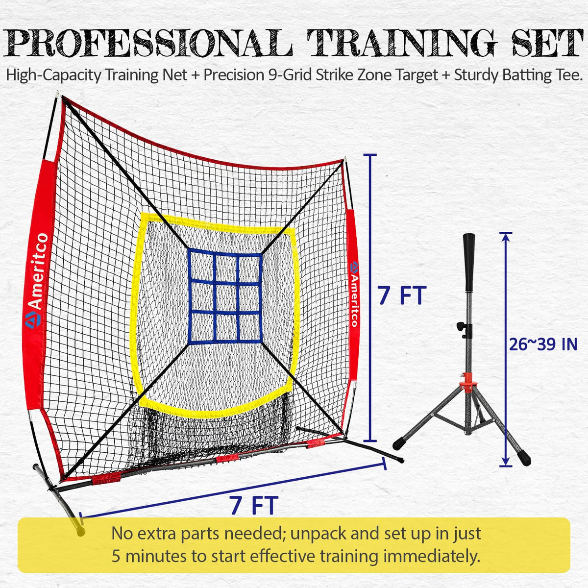 Baseball Net 7x7ft Baseball Practice Net with Tee and Target - Ameritco Official Imagery - 3