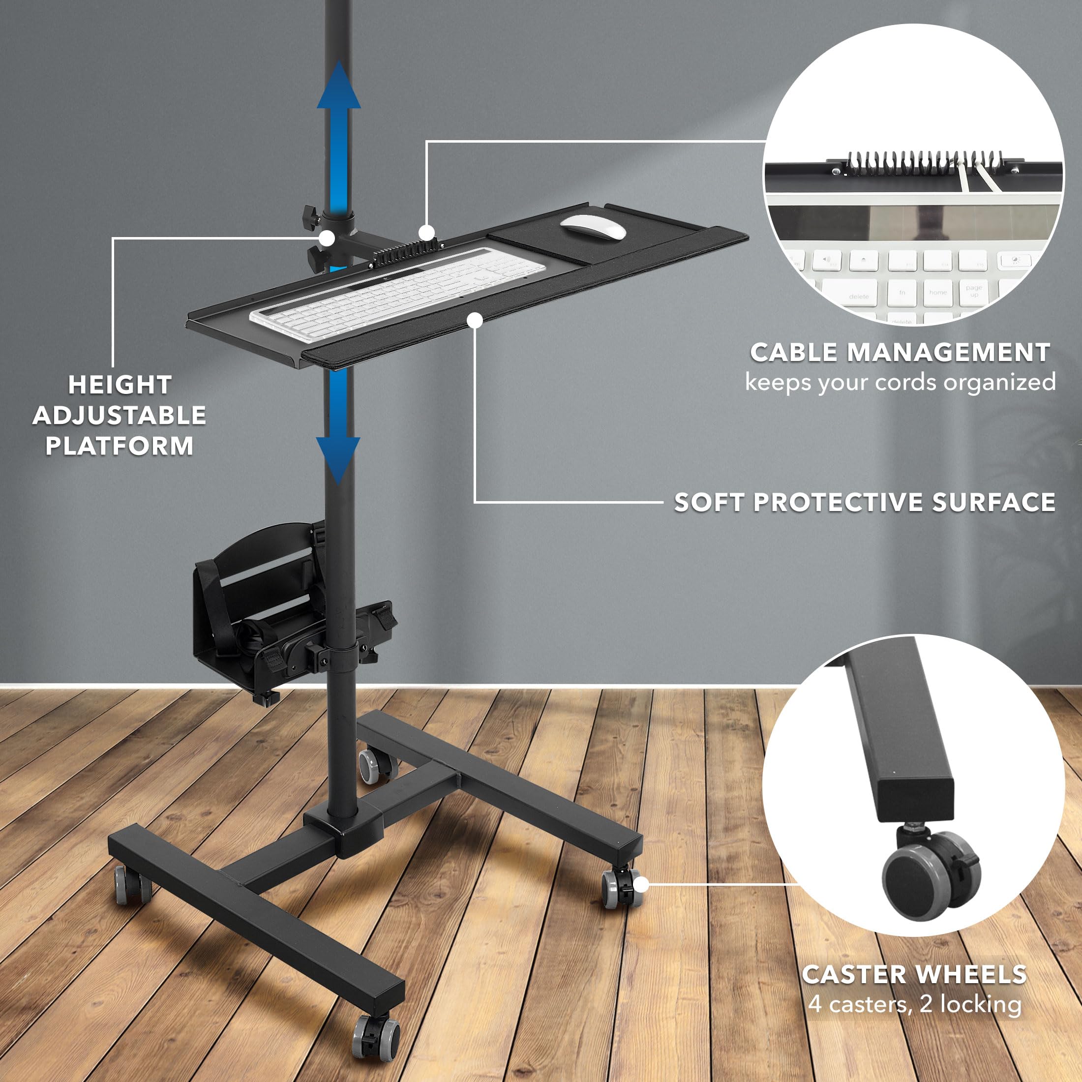 Mount-It! Rolling Computer Cart on Wheels, Mobile Desk Workstation with Monitor Mount for up to 32" Screen, Full Keyboard Tray, Floating Adjustable CPU Holder, Standing up to 70" Tall
