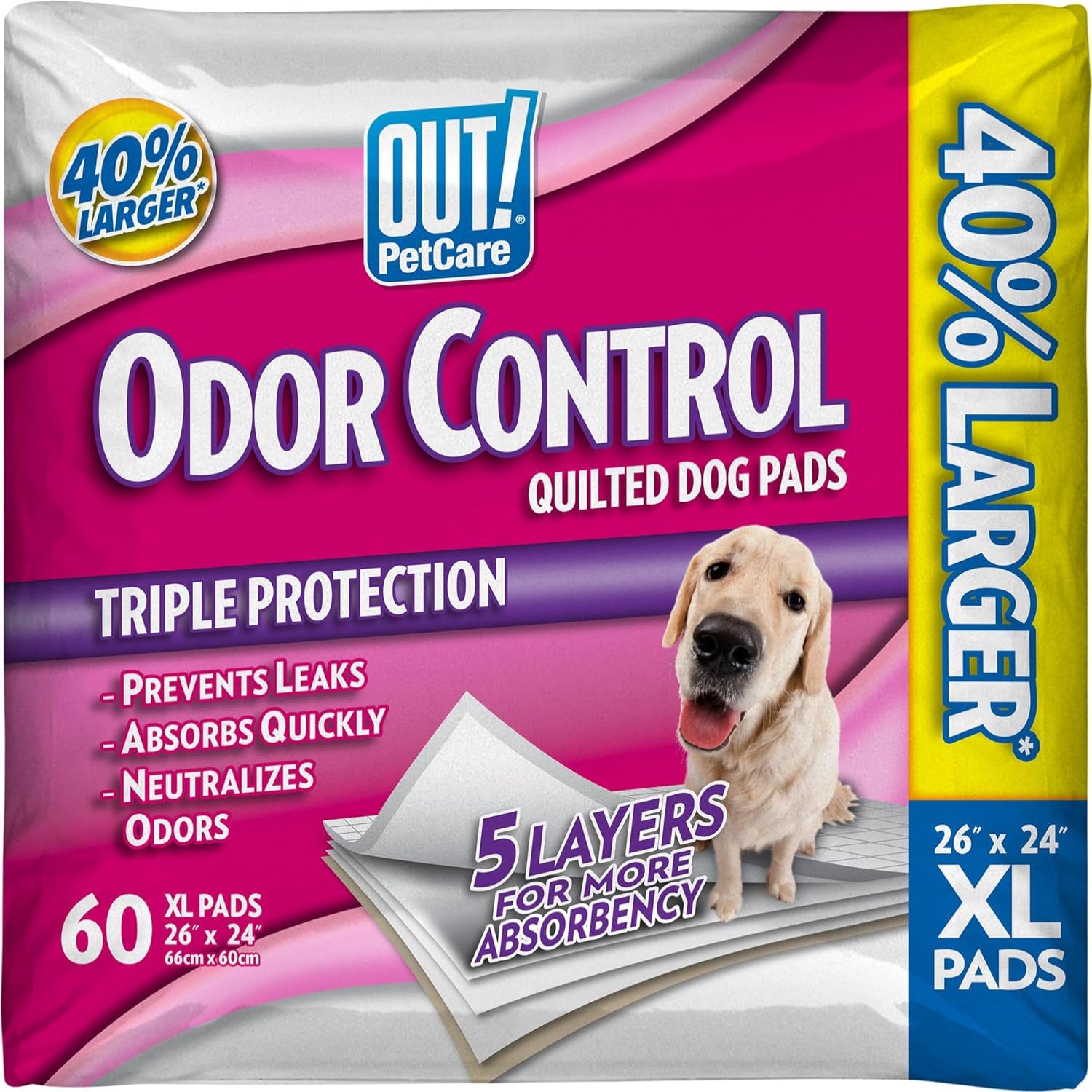 Large disposable pet training pads by OUT! PetCare, leak-proof design for dogs, absorbent surface for indoor training.