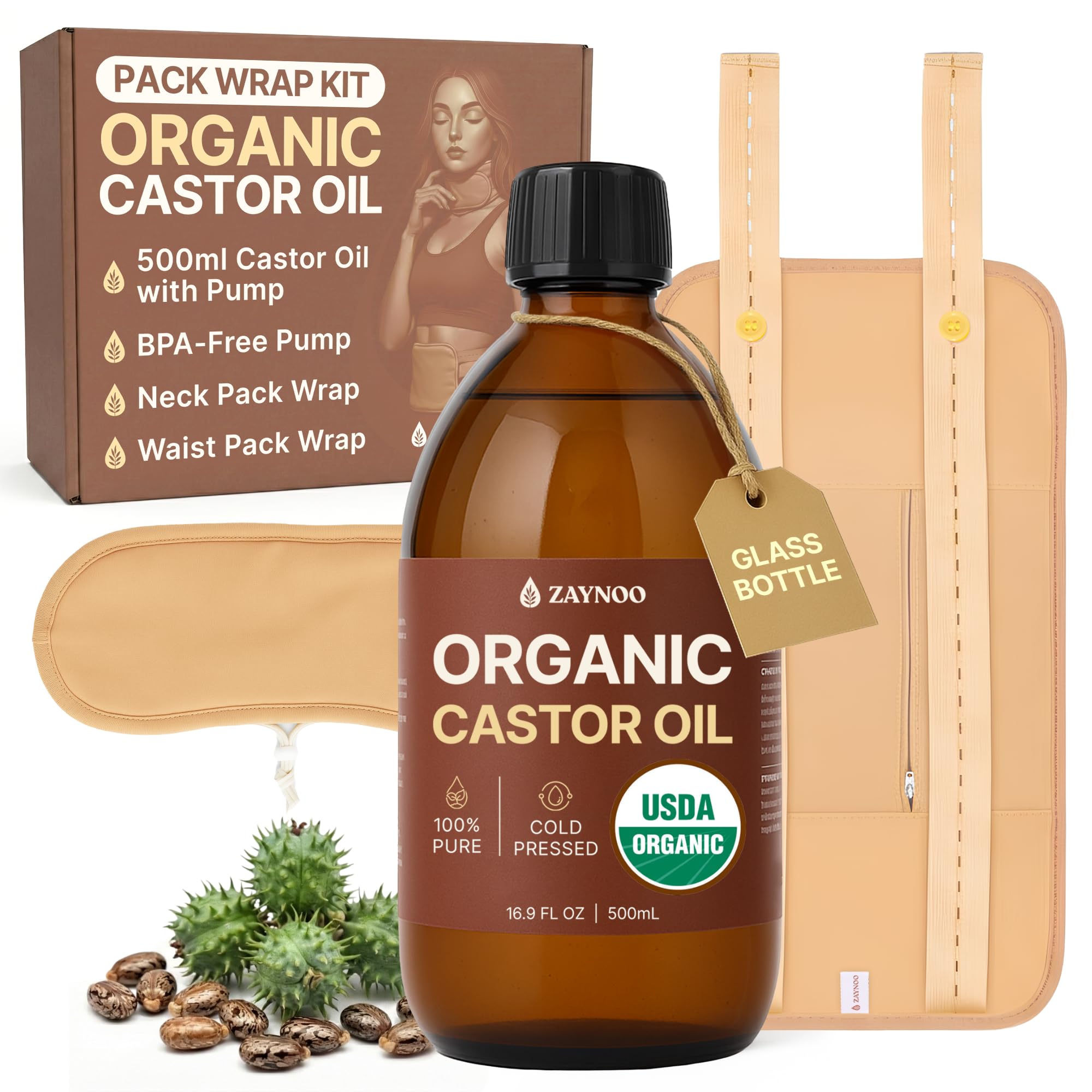 Castor Oil Pack Wrap Kit with 16 9oz USDA Organic Cold - Zaynoo Official Imagery - 2