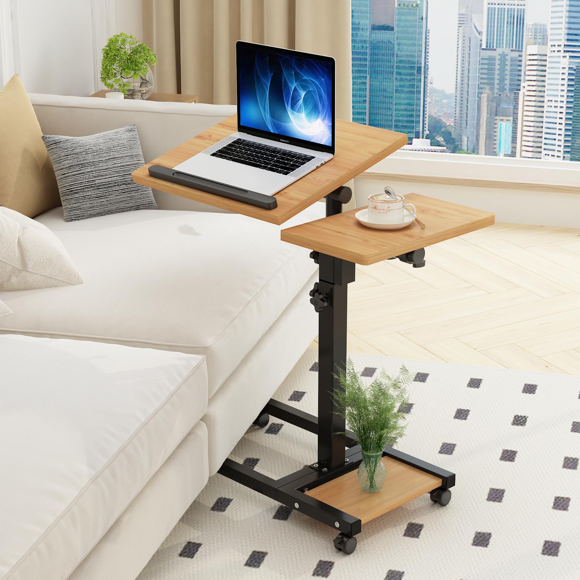 TigerDad rolling laptop desk with tiltable split top and mouse pad, portable table for flexible workspace use.